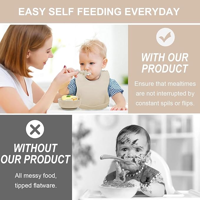 Baby Feeding Tableware Set Silicone Tray and Bowl with Suction Cup Baby Weaning Supplies Adjustable Waterproof Bib Learning Cup and 2 Spoons 2 Forks 8-Piece Set（Apricot）