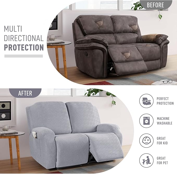 KinCam Recliner Covers, Stretch Reclining Chair Covers, Recliner Sofa Slipcovers Stripe Jacquard Recliner Couch Covers Furniture Protector Covers for Pet Kid (2 Seater, Silver Gray)