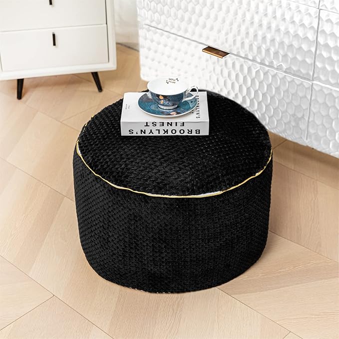 Round Stuffed Pouf Ottoman 20x20x12 Inches Faux Fur Ottoman Foot Rest Under Desk Foot Stool Great for Living Room Bedroom Small Furniture (Black)