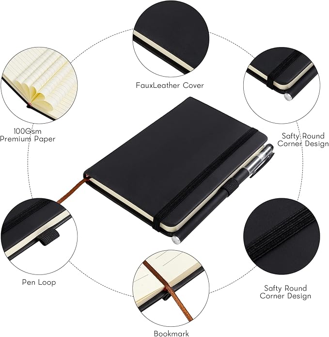 2Pack Pocket Notebook Small Notebook Journal Notebook 4 inches x 5.7 inches 200 Pages Leather Cover With Pen Holder Page Marker Ribbons (Black-withpen)