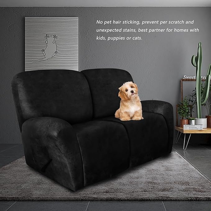 molasofa Loveseat Recliner Slipcover - 6 Pieces Stretch Leather Like Recliner Sofa Cover for 2 Seat Dual Reclining Loveseat Couch Furniture Protector with Elastic Bottom (Black)