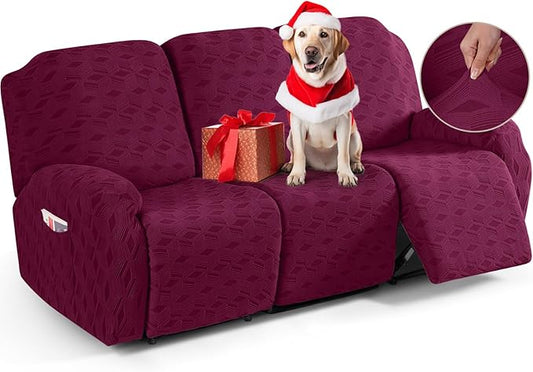TAOCOCO Recliner Sofa Covers Stretch Reclining Couch Cover, Jacquard Recliner Couch Cover for 3 Seat Furniture Protector Sofa Slipcovers with Elastic Bottom for Kids, Pets (Burgundy)