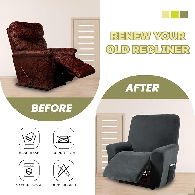 AZON Velvet Stretch Recliner Chair Cover,1-Piece Washable Recliner Couch Cover with Elastic Furniture Protector for Pets, Kids(Recliner, Charcoal)