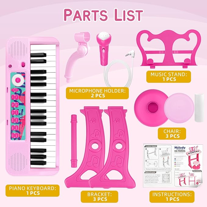 Amy&Benton Birthday Gift for 3 4 5 6 7 Year Old Girls Piano Toy with Stood for Girls 3-5 Pink Music Keyboard Toy 37 Keys with Chair