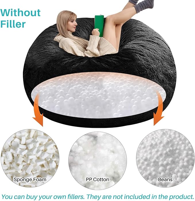 cjc Giant Fur Bean Bag Chair Cover for Kids Adults, (No Filler) Living Room Furniture Big Round Soft Fluffy Faux Fur Beanbag Lazy Sofa Bed Cover(Black, 6FT 150 * 75cm)