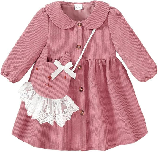 Mioglrie Toddler Baby Girl Dress 2T 3T 6 12 18 24 Months Fall Winter Clothes Outfits Dresses with Cute Satchel for Baby