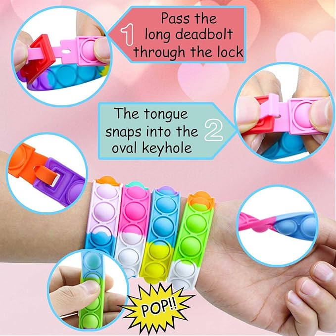 30 Pack Valentines Day Gift Cards for Kids Classroom, Pop Fidget Bracelets Stress Relief Sensory Toy School Classroom Gifts Exchange Valentines Party Favors