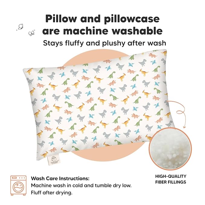 Toddler Pillow with Pillowcase - 13x18 My Little Dreamy Pillow, Organic Cotton Toddler Pillows for Sleeping, Kids Pillow, Travel Pillows, Mini Pillow, Nursery Pillow, Toddler Bed Pillow (Roarsome)