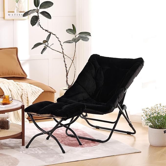 Comfy Saucer Chair, Soft Faux Fur Oversized Folding Chair, Flexible Lounge Lazy Chair for Kids Girls Teens Adults, Moon Chair for Dorm Rooms, Bedroom, Living Room