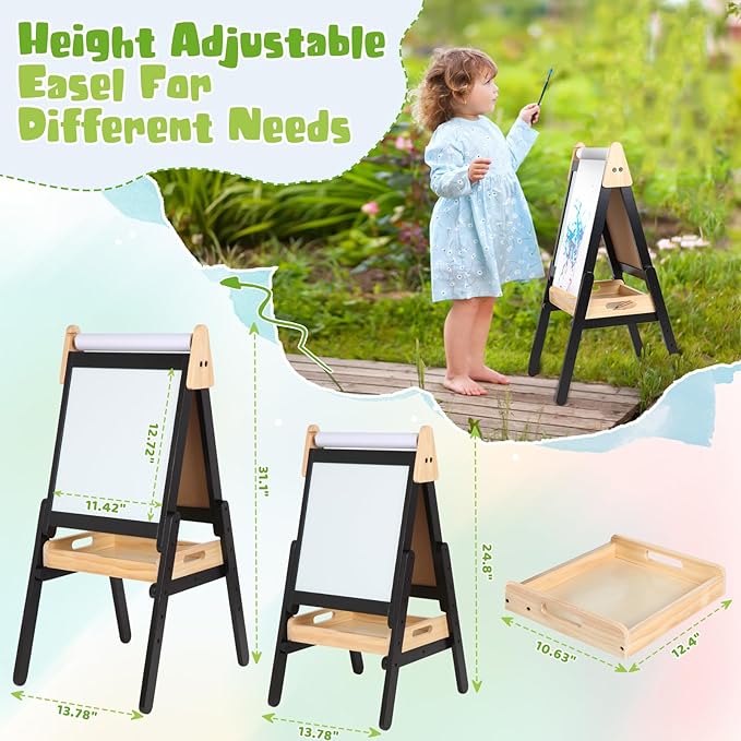 3 in 1 Easel for Kids with Wood Tray Double Sided Kids Easel with Paper Roll,Magnetic Chalkboard & White Board Height Adjustable Painting Standing Easel for Toddlers Childrens 2+ (Black)
