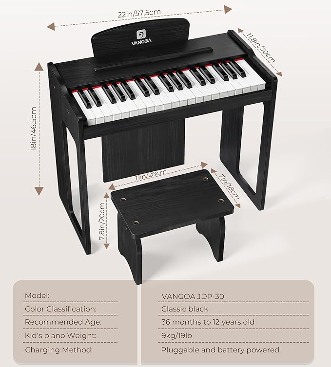 Vangoa Kids Piano Keyboard, 37 Keys Digital Piano for Kids, Music Educational Instrument Toy, Wood Piano for Girls and Boys,Classic Black