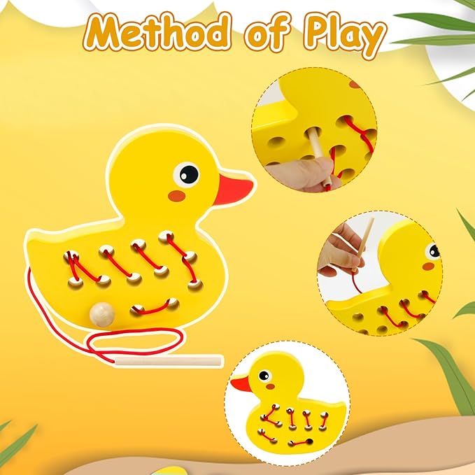 Sealive Wooden Lacing Toys for Toddlers, Educational and Learning Montessori Fine Motor Skill Toys, Perfect Toddler Travel Toys, Early Learning Development for Kids (Duck)