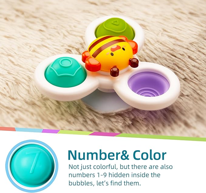 LiKee Strong Suction Cup Fidget Spinnerz Sensory Bath Toys for Baby 12 18 Months Airplane Car Travel Table & Window Toys for 1 2 Year Old Toddler Boys and Girls (Sun)