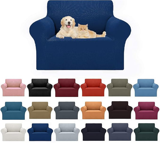 2025 New Stretch Chair Sofa Slipcovers Couch Cover for 1 Seater Furniture Protector Sofa Covers with Elastic Bottom Jacquard Fabric Small Checks for Pets, Kids - Classic Blue