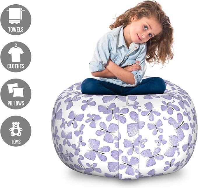 Ambesonne Butterfly Storage Toy Bag Chair, Continuous Pattern of Monotone Abstract Winged Delicate Insect, Stuffed Animal Organizer Washable Bag, Large Size, Blue Grey