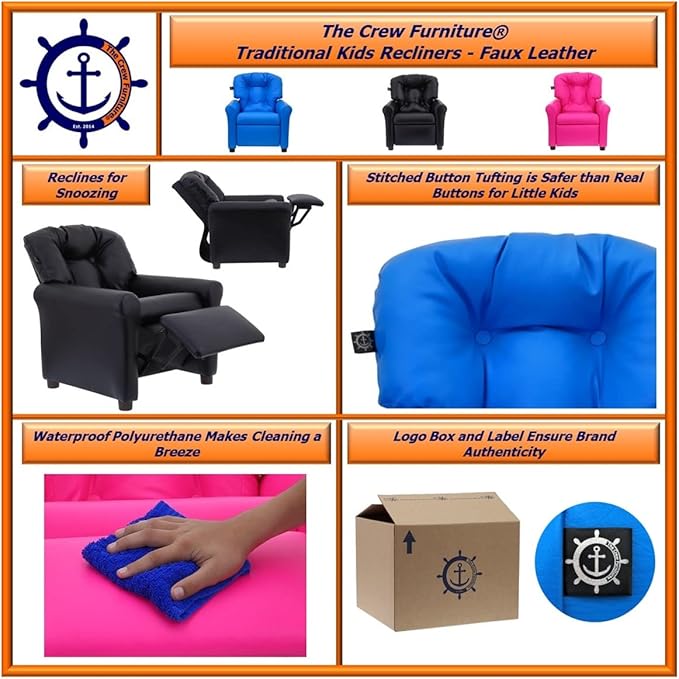 The Crew Furniture Traditional Kids Recliner, Toddler Ages 1-5 Years, Pu Faux Leather, Hot Pink