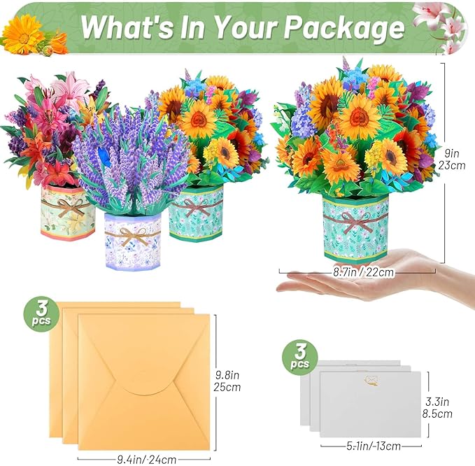 3 Pack Paper Flower Pop Up Cards, Flower Bouquet Card Popup 3D Greeting Cards for Mother's Day, Graduation, Anniversary, Birthday, Congratulations, Get Well, Home Decor, with Envelope