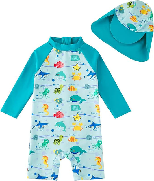 upandfast Baby/Toddler Swimsuit UPF 50+ Sun Protection One Piece Zipper Bathing Suit with Sun Hat Infant Beach Swimwear