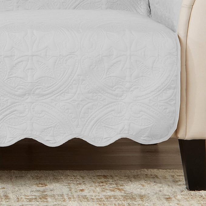 Great Bay Home Medallion Stitched Solid Furniture Protector Stain Resistant Durable Furniture Protector Elenor Collection (Sofa, White/Sand)