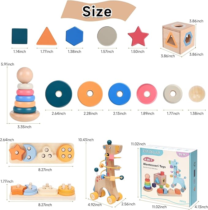 4-in-1 Wooden Montessori Toys for 3+ Year Old - Educational Sensory Toys for Toddlers Aged 3+, Baby Learning Toys for Boys and Girls, Christmas Birthday Gifts