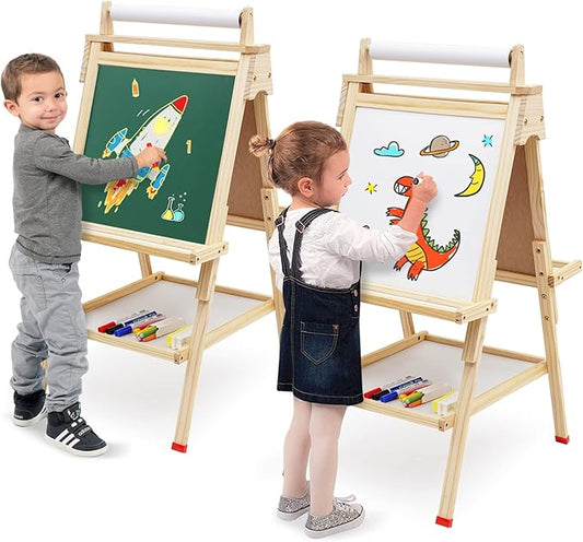 Kids Easel Wooden Art Easel Adjustable Standing Easel Double-Sided Drawing Easel with Paper Roll Chalkboard & Whiteboard for Kids Toddlers Birthday Holiday Gifts.