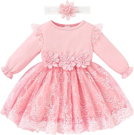 Baby Girl Dress Ruffle Sleeve Toddler Girl Dresses Infant Girls Long Sleeve Fall Winter Clothes Flower Tulle Dress