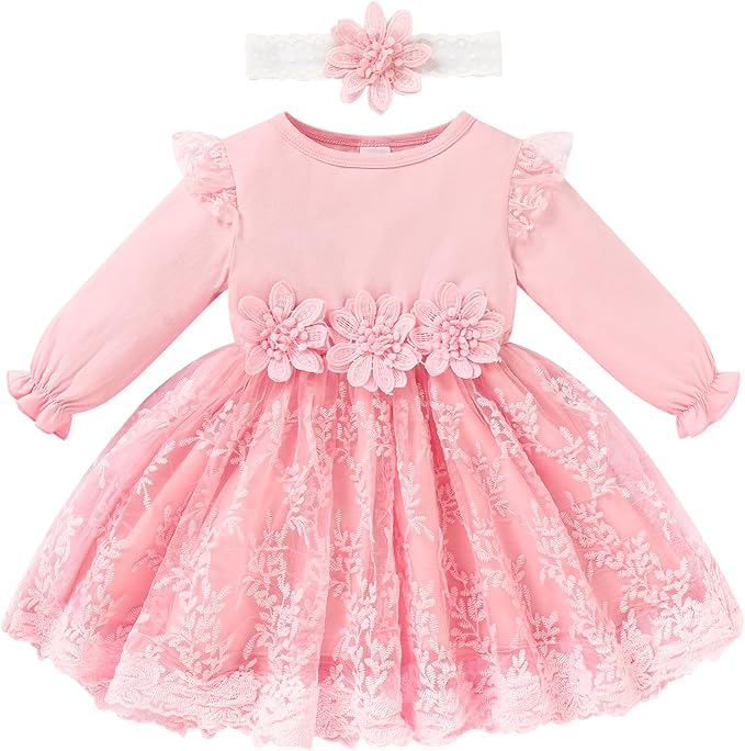 Baby Girl Dress Ruffle Sleeve Toddler Girl Dresses Infant Girls Long Sleeve Fall Winter Clothes Flower Tulle Dress