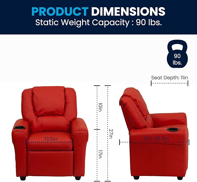 Flash Furniture Vana Vinyl Kids Recliner with Cup Holder, Headrest, and Safety Recline, Contemporary Reclining Chair for Kids, Supports up to 90 lbs., Red