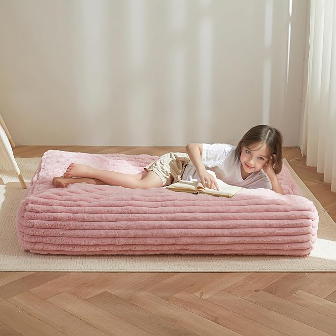 MAXYOYO Bean Bag Chair Bed for Kids, Floor Sofa Couch with High-Density Foam Filling, Convertible Beanbag Folds from Lazy Chair to Floor Mattress Bed with Faux Fur Cover, Pink 9