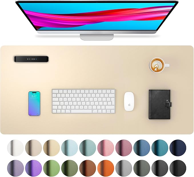 Aothia Leather Desk Pad Protector, Large Mouse Pad, Office Mat, Non-Slip PU Leather Blotter, Laptop Desk Pad, Waterproof Writing Pad for Office and Home (Beige, 23.6" x 13.7")