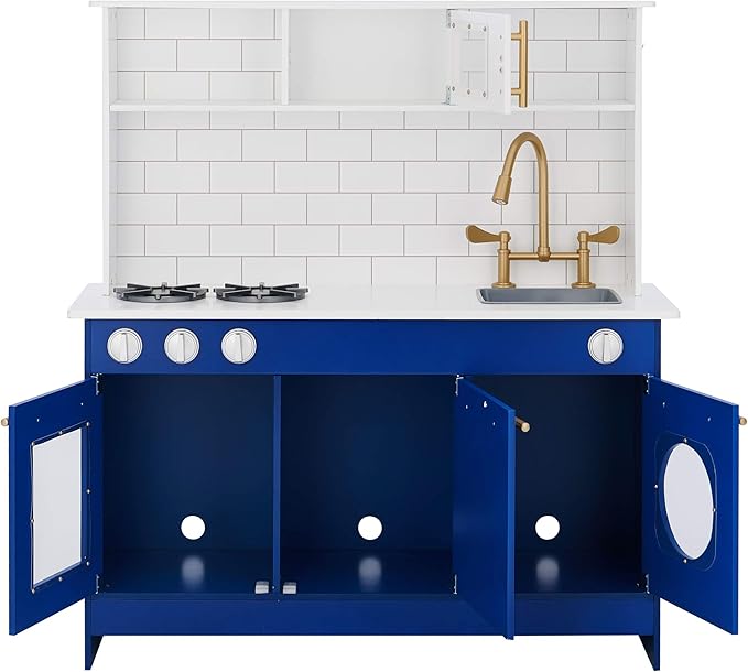 Teamson Kids Little Chef Berlin Kids Play Kitchen with 6 Kitchen Accessories, Wooden Play Kitchen Set for Toddlers with Subway Tile Backsplash, Gold Hardware, & Storage Shelves, Blue/White