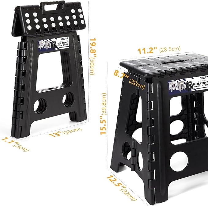 Delxo 16” Folding Step Stool in Black,1 Pack Premium Foldable Stool for Adults,Portable Collapsible Plastic Step Stool,Non Slip Folding Stools for Kitchen Bathroom Bedroom Up to 400LBS