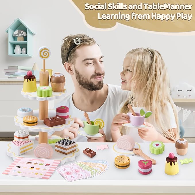 Wooden Tea Party Set for Little Girls, Ehome Princess Tea Time Toy Including Dessert Tray Cake, 31pcs Kids Dessert Toys Pretend Play for Girls Boys Age 1-6