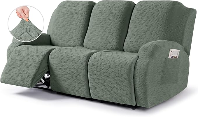 VANSOFY Recliner Cover, 3-Pieces Stretch Reclining Couch Covers with Pockets Reclining Sofa Slipcovers 3 Seater Soft Washable Furniture Protector for Dogs Cats(Bean Green)