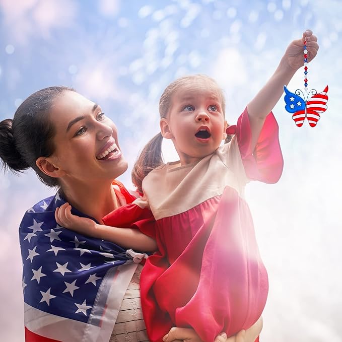 24 Sets Patriotic Suncatcher Ornaments Decoration DIY Window Paint Art Stickers Craft Kit American Heart Star Butterfly Suncatchers for Kids Classroom Patriotic 4th of July Activity Party Art Project