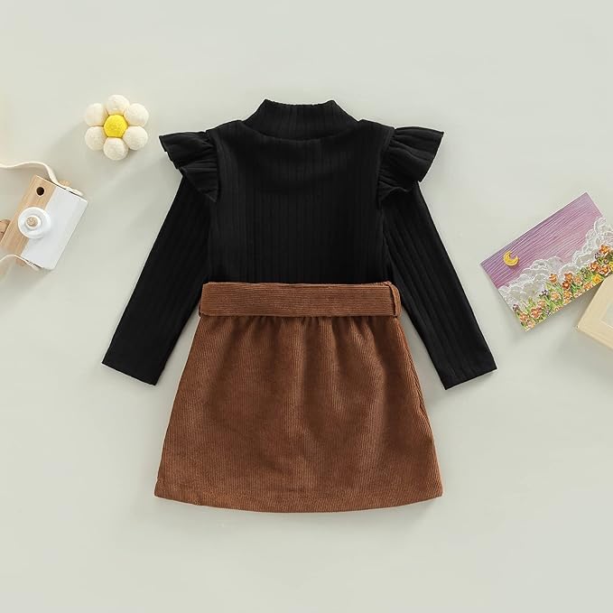 Fernvia Toddler Baby Girl Fall Winter Skirt Set Turtleneck Ribbed Long Sleeve T-Shirt Top & Plaid Skirts Dress 2Pcs Outfits