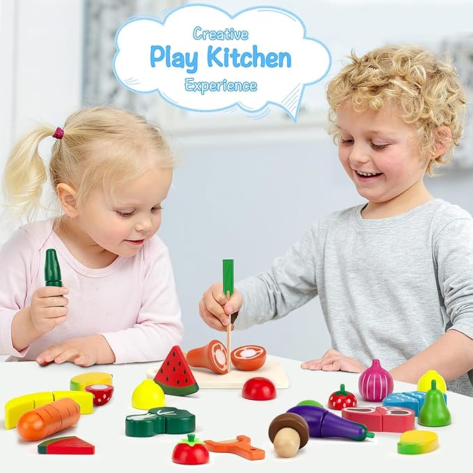 Wooden Play Food Sets for Kids Kitchen Fake Food Cutting Fruits Vegetables and Meat Pretend Play Toddler Toys Food Montessori Toys for 3 4 5 6 7 Years Old Gifts for Boys and Girls