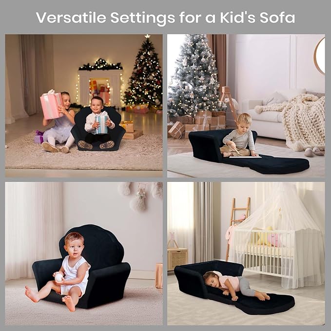 COSYLAND Kids Sofa for Toddler, 2-in-1 Folding and Expandable Soft Chair Bed Toddlers,Convertible Sofa to Lounger Sleeper Chair Bed for Girls and Boys,Black