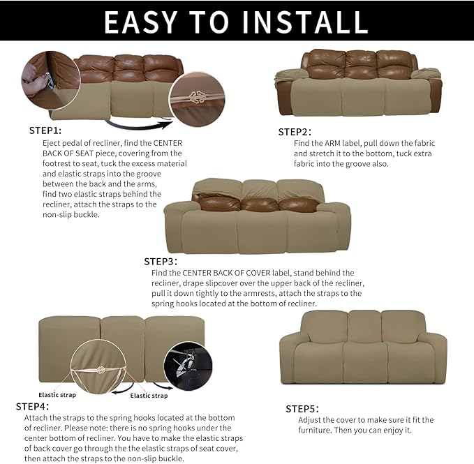 Easy-Going 8 Pieces Microfiber Stretch Sectional Recliner Sofa Slipcover Soft Fitted Fleece 3 Seats Couch Cover Washable Furniture Protector with Elasticity for Kids Pet(Recliner Sofa, Dark Linen)