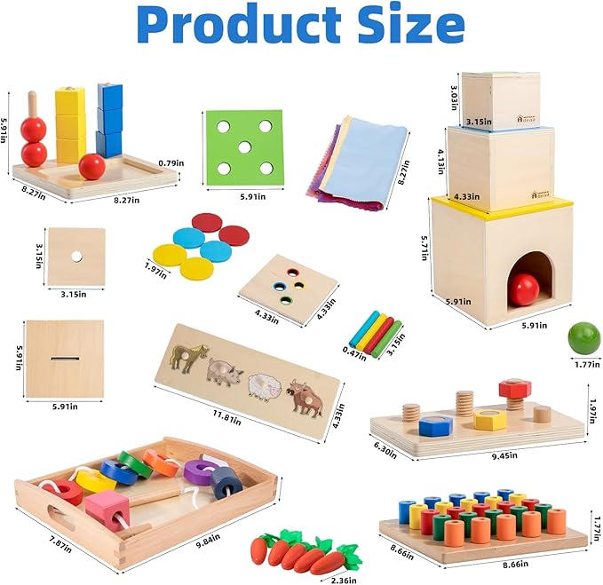 Adena Montessori Play Kit for 16-18 Months Baby,6 in 1 Learning Educational Toys for Toddler,Include 7-in-1 Play Set,Farm Animal Puzzle,Stacking Pegboard and more,Christmas Birthday Gift for Boys Girl