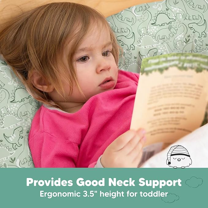 Toddler Pillow with Pillowcase - 13x18 My Little Dreamy Pillow, Organic Cotton Toddler Pillows for Sleeping, Kids Pillow, Travel Pillows, Mini Pillow, Nursery Pillow, Toddler Bed Pillow (DinoDood)