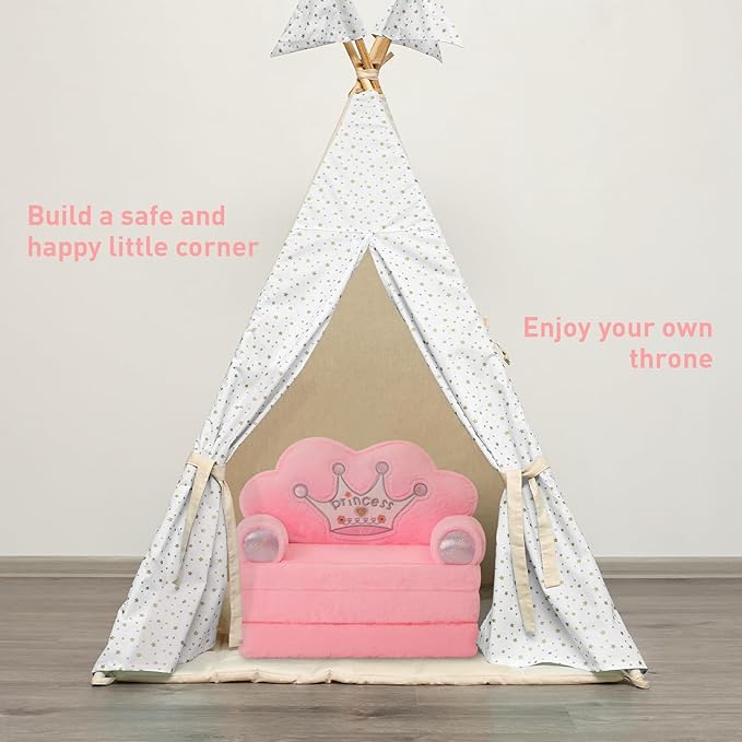 MOONBEEKI Toddler Chair Comfy，Foldable Princess Kids Couch for Girl, Toddler Recliners for Kids Over 18 Months, Kids Sofa Bed Fold Out (Pink)