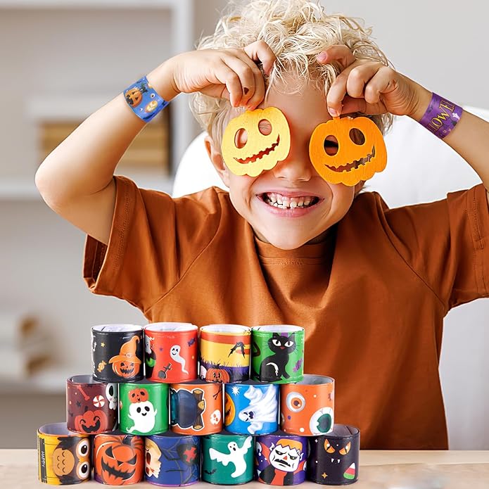 AMOR PRESENT 64PCS Slap Bracelets Bulk, Halloween Slap Bracelets for Kids Snap Wrist Bands for Party Favors Goodie Bags Trick Or Treat Toys