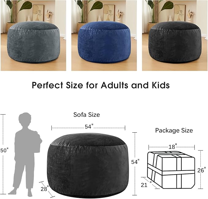 Bean Bag Chairs for Adults - Memory Foam Furniture BeanBag Chair - Kids/Teens Sofa with Soft Micro Fiber Cover - Round Fluffy Couch for Living Room Bedroom College Dorm - 5 ft, Carbon Black