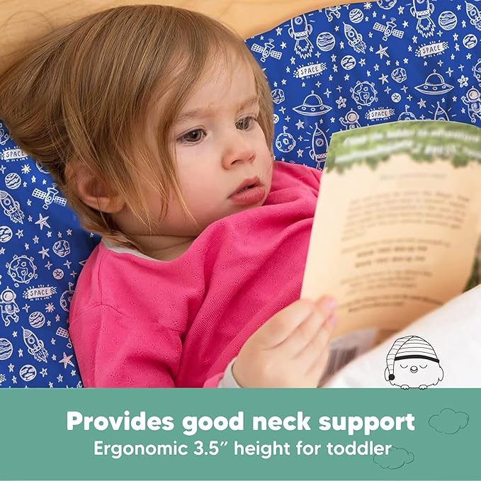 Toddler Pillow with Pillowcase - 13x18 My Little Dreamy Pillow, Organic Cotton Toddler Pillows for Sleeping, Kids Pillow, Travel Pillows,Mini Pillow,Nursery Pillow,Toddler Bed Pillow (Off to Space)