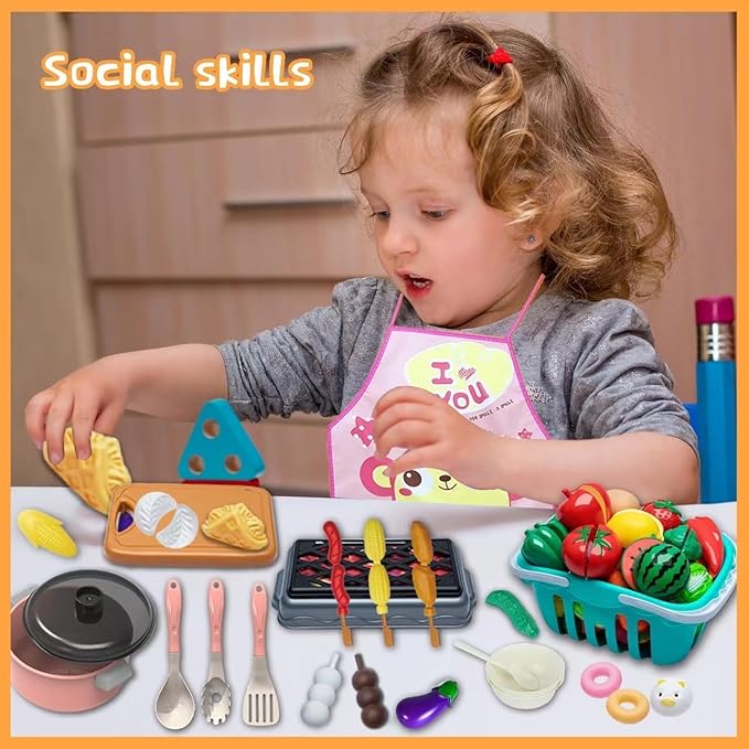 Kids Kitchen Toy Accessories Kitchen Playset Pretend Cooking Play Pots Pans Utensils Cookware Food Fruit Veges Shopping Storage Basket Learning Present for Girls Boys