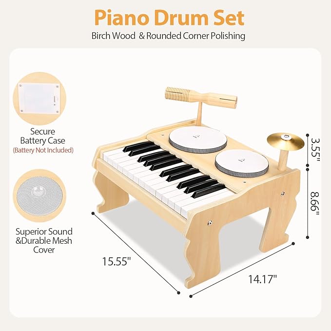 OATHX Kids Piano Keyboard, 25 Keys Digital with Drum Set and Volume Adjustable, 6 in 1 Musical Instruments for Kids Toddlers Baby Children, Wooden Mini Piano Gifts for Girls Boys Ages 3+