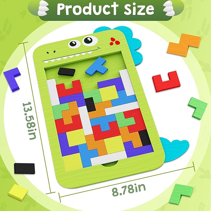 40 Pcs Wooden Blocks Puzzles, Jigsaw Puzzles, Dinosaur Wooden Brain Teaser Puzzles IQ Game Toy, Educational Puzzle, Intelligent Tangram 3D Russian Blocks for 3+ Years Old Kids