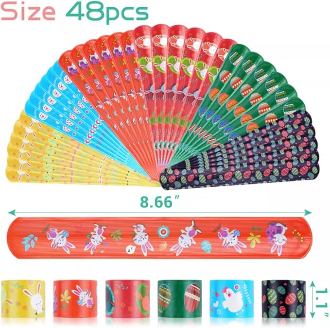 48pcs Easter Slap Bracelets Easter Egg Bunny Snap Bracelet Party Favor Toys for Kids Easter Basket Stuffers Egg Filler Classroom