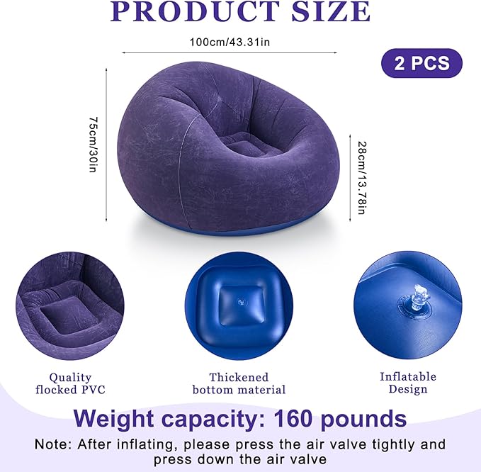 2 Pcs Bean Bag Chairs for Adults Kids Inflatable Chairs with Electric Air Pump Blow up Chair Inflatable Lazy Sofa Folding Portable Inflatable Chair for Living Room Bedroom(Blue)
